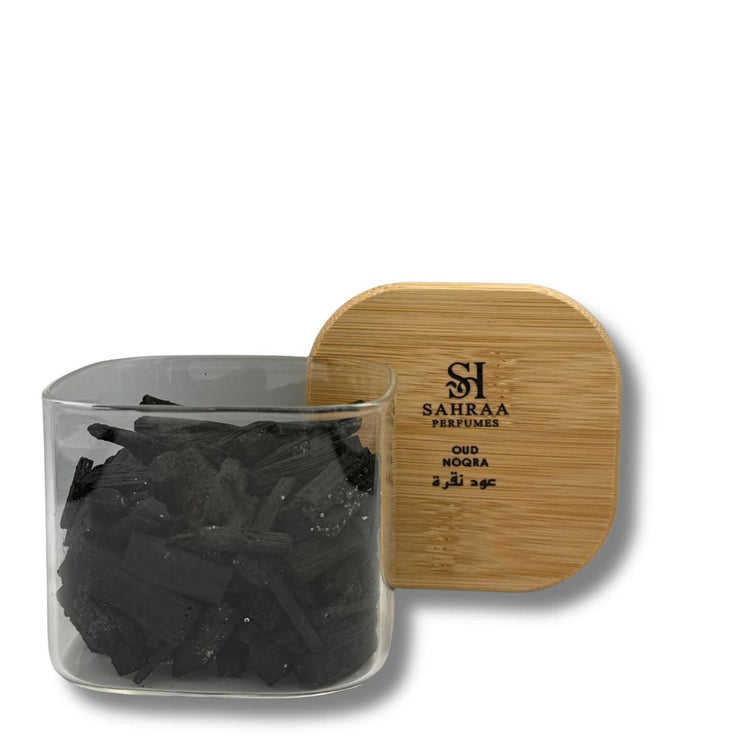 Oud Noqra bakhoor packaging by Sahraa Perfumes