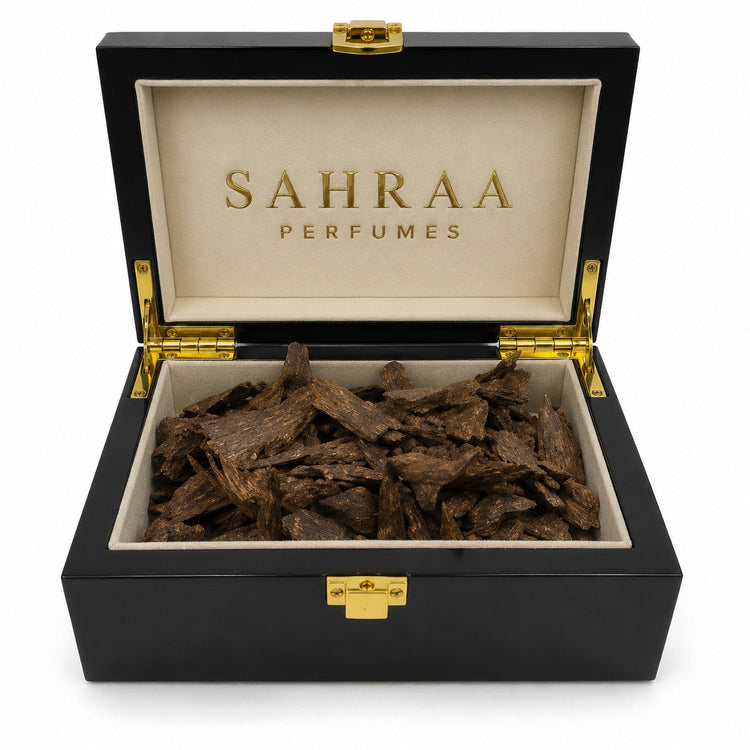 Sri Lankan Sailani oud chips close-up by Sahraa Perfumes